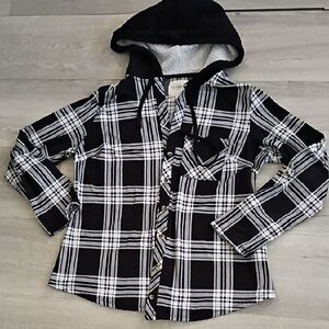 Ladies Black and White Plaid Hooded Shirt